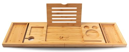 Eco Bath Luxury Bamboo Bath Tray - Fully Extended Wooden Tray with Wine Glass & Essentials Holders - Adjustable Bath Rack for Bathroom Table