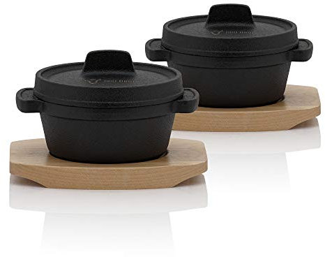 BBQ-Toro Mini Dutch Oven (2 pièces) | Ø 11 cm - rond - noir | Pot de service en fonte avec socle en bois | pré-assaisonné | marmite en fonte avec couvercle