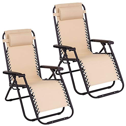 LOLAhome Pack de 2 sillas Gravedad Cero reclinables con Bloqueo de Seguridad Beige de Tejido Oxford y Acero de 95x65x106 cm