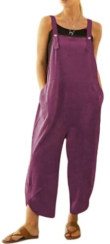 VEVESMUNDO Salopette da donna in lino e cotone, tuta casual ampia e svasata con tasche, taglie UK - 6 8 10 12 14 16 18 20 22, Viola, XXL