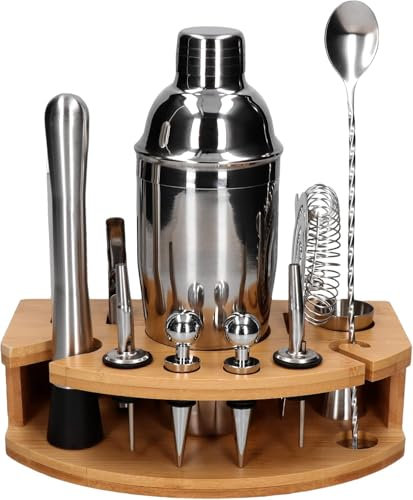 Whiskey Rocks 12-er Cocktail Shaker Set mit Bambusständer - Cocktail & Bar Zubehör - Paris Shaker 750 ml - Barkeeper Set - Bar Set - Cocktail Messbecher & Stößel - Barlöffel - Edelstahl - Silber