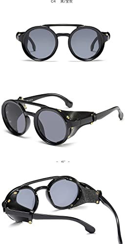 Steampunk Sonnenbrille Mode Männer und Frauen Runde Sonnenbrille Retro Mode Persönlichkeit Seitenabdeckung Sonnenbrille Sonnenbrille(Color:Schwarzer Rahmen + schwarzgraue Gläser)