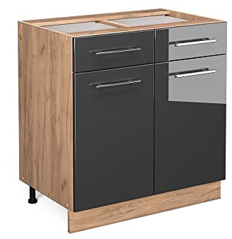 Vicco Mobiletto base per cucina Fame-Line, Antracite lucido, 80 cm | Frontale in MDF · Senza piano di lavoro · Piedini regolabili in altezza · Maniglie in metallo · Chiusura ammortizzata
