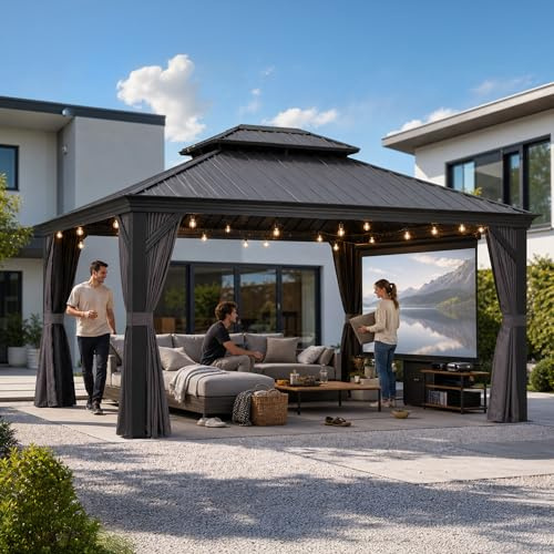 PURPLE LEAF Tonnelle de Jardin Exterieur 4,25 x 3,65 m Pergola Alu, Gris | Poteaux 12 x 12 cm, Gouttière intégrée, Rideaux amovibles, Toit double en acier galvanisé, Résiste 17,9 m/s, 15,51 m², Hôtel