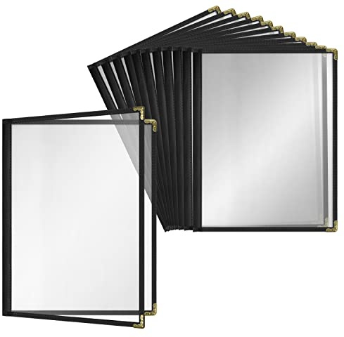 12 Pack of Cafe-Style Menu Covers – Durable Double-Stitched Edges, Crystal Clear Vinyl Protection, Easy-Insert Design (2 Pages/4 Views, Standard 8.5” x 11” Size, Perfect for Restaurants)