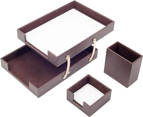 MOOGCO Doppeltes Dokumentenfach aus Leder – Stifthalter – Notizpapierhalter – 3 Zubehörteile – Schreibtisch-Organizer – Büro-Schreibtisch-Zubehör – Schreibtisch-Aufbewahrung – 3 Stück (BROWN)