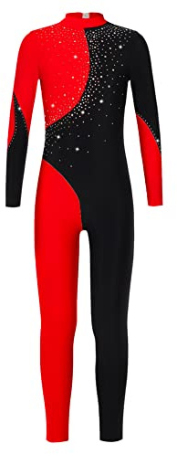 CHICTRY Ganzkörper Turnanzug Mädchen Langarm Kinder Strass Glitzer Ballettanzug Stehkragen Tanzbody Farbblock Patchwork Tanzoverall Jumpsuit Eislaufkostüm A Schwarz&Rot 134-140