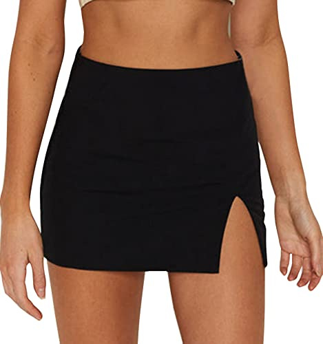EG CHRIS G Women's High Waist High Slit Sexy Stretch Fitted Bodycon Black Mini Skirts (S, Black-2
