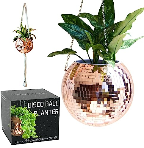 SCANDINORDICA Jardinière Boule Disco – Pot de Fleurs Boule à facettes avec chaîne et Corde en macramé, Boule a Facette, Cadeaux Femmes | Décoration d’intérieur – 25 Or Rose