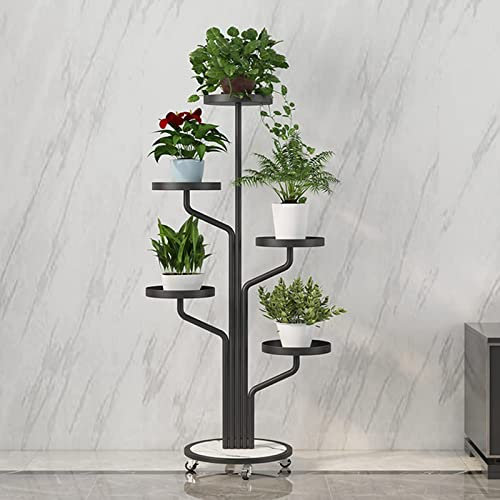 URBERY Metall Eisenkunst Blumenständer,Indoor Mobiler Blumenregal,Boden-Stehen Pflanzenständer Mit Rollen,5 Korb Blumenregal Blumenständer (C 40X40X130CM)