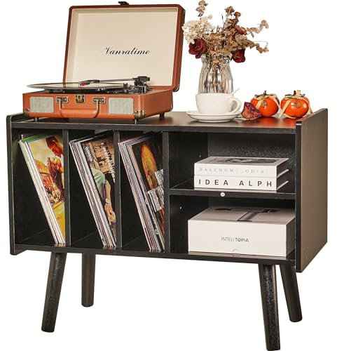 Plattenspieler-Ständer mit Vinyl-Aufbewahrung, hält bis zu 136 kg, großer Plattenspieler-Tisch Schrank für Albumaufbewahrung mit Halterung, Vinyl-Ausstellungsregal, Holz-Plattenspieler-Ständer für