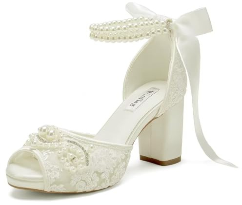 Winflag Lace Pearl Wedding Shoes for Bride High Heel Bridal Shoes Peep Toe Platform Wedding Heels-Ivory 1-9