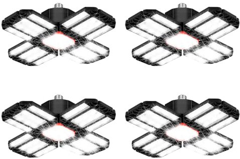 Tubiaz LED Garagenleuchte 200W, 4 PCS Werkstattlampe Garagenbeleuchtung 20000LM 6500K Verformbare Deckenlampe mit 12 Verstellbaren Paneelen, E26 / E27 LED Werkstatt Deckenleuchte für Garage