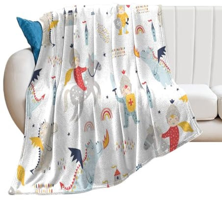 NIBABAEU Decke, kindliches Dinosaurierschloss und Krieger, weich, flauschig, gemütlich, bequem, für Couch, Sofa, Bett, 100 x 125 cm