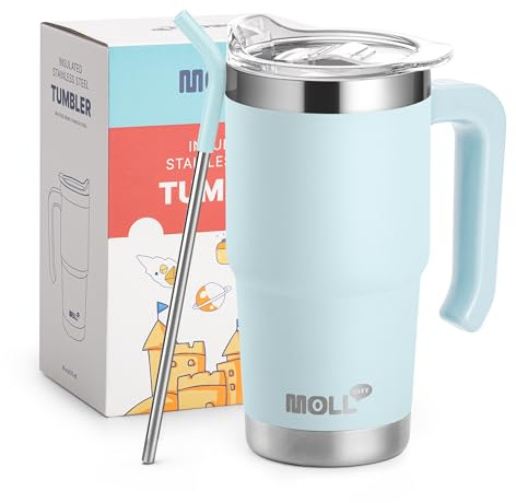 Mollcity Travel Coffee Mug with Handle 16 oz Stainless Steel Double Wall Vacuum Insulated Tumbler Cup with Lid and Straw (Baby Blue)