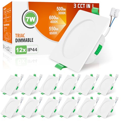 ALUSSO 3CCT LED Einbaustrahler 230V Eckig Dimmbar 7W IP44 Spots, 12er Set | Spots Deckenleuchte 3000K 4000K 6500K Wählbar, Deckenspots Einbauleuchten Einbauspots für Badezimmer Küche, Eckig Weiss