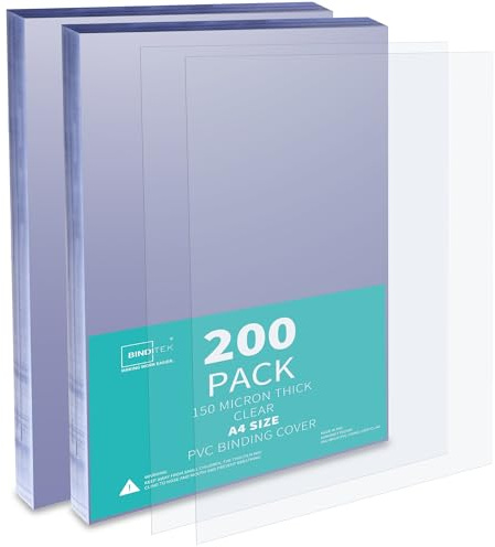 Binditek 200 Pack 150 Micron A4 Binding Covers, PVC Clear Binding Covers, Square Corners, Un-Punched, Office and School Supplies