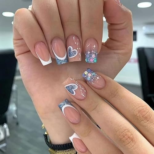 False Nails Short, French Stick On Square Blue Press On Nails, 24pcs With Glue, Elegant Glitter Heart Design Sweet Fake Set for Women Girls (Blue Heart)