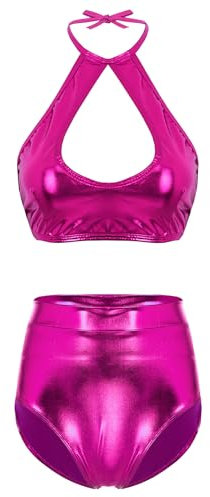 HULIJA Donne Pole Dance Abbigliamento Outfit Shorts Crop Top Metallizzato Lucido Costumi di Danza Costume da Prestazioni Ballo Dancewear Rosa Caldo S