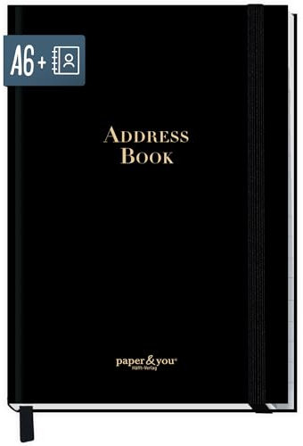 paper&you® Adressbuch A6+ mit Register A-Z und 120 g/m² Premium-Papier Black Edition Buch für Kontakte, Geburtstage & Passwörter - nachhaltig & klimafreundlich