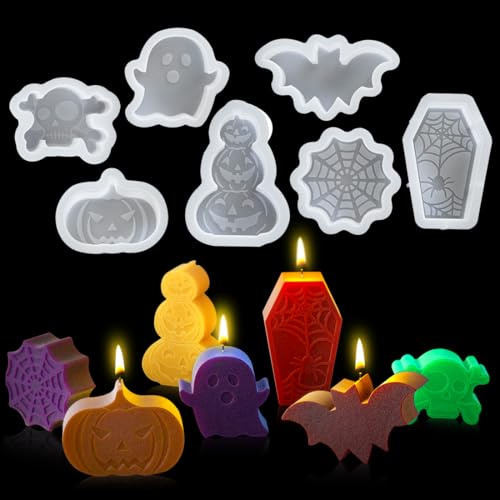 Voyyphixa 7 Pièces Moule en Silicone pour Halloween Moule à Bougie Pumpkin Crâne Moules à Savon Resine Epoxy Halloween Candle Resin Mold pour DIY Décoration Ornement Cadeaux