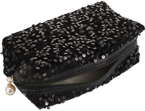 Pailletten Kosmetiktasche, Quadratisch, Tragbar, Groß, mit Reißverschluss | Oxfordstoff und Velours, Multifunktional für Unterwegs, Schwarz, Geschenk für Damen