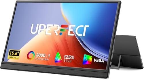 UPERFECT Portable Monitor 15,6 Zoll Zweitdisplay mit 1200:1 1920 x 1080 Full HD IPS-Bildschirm Integrierter Ständer Mini HDMI USB C für Laptop PC Handy Spielekonsole, VESA-kompatibel, Schwarz