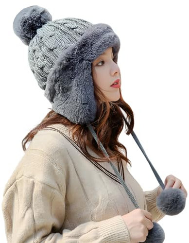 haozaikeji Fliegermütze Damen Mädchen Trapper Warm Strickmütze mit Ohrenklappen Damenmütze Plüsch Gestrickt Trappermütze Winter Winddicht Fleecemütze für Outdoor Radfahren Skifahren