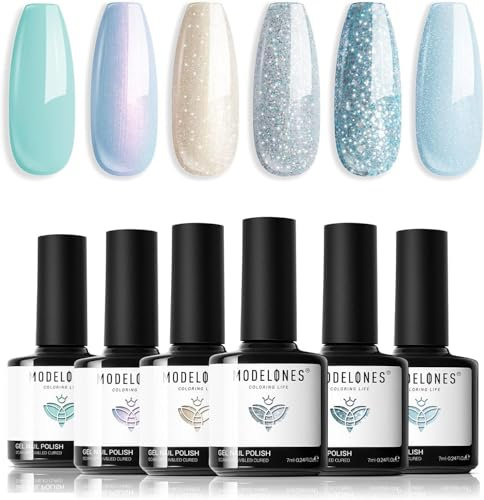 Modelones Gel Nail Polish Set, 6 Colors Mermaid Gel Polish Blue Silver Glitter Nail Polish Mint Green Shimmer Baby Blue Varnish Kit Soak Off Nail Art Manicure DIY Salon for Women