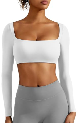 ZAAYO Långärmad crop top damer gym topp damer med inbyggd bh basic t-shirt sport toppar damer med fyrkantig hals, Vit, M