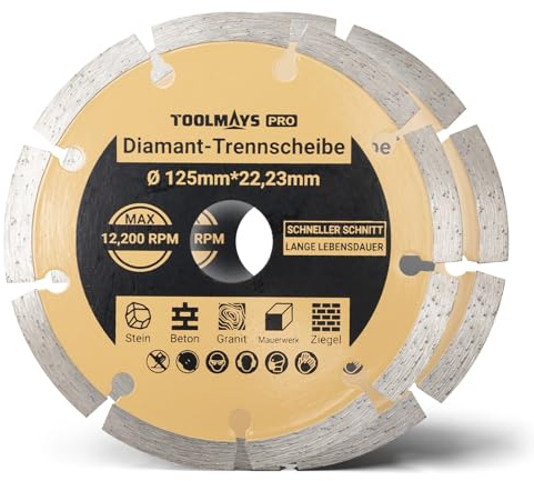 TOOLMAYS Diamanttrennscheiben Set 2x 125mm | Diamantscheibe für Stein, Beton, Granit, Mauerwerk, Ziegel, Stahlbeton, Bohrung 22,23 mm