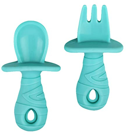 Supvox Silikon Babylöffel und Gabel Satz Babybesteck Frei mit Weicher Spitze für Kleinkinder Mintgrün Babygeschirr zum Selbstfüttern Esszimmer Kindergarten Picknick