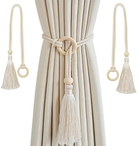 2-Pack Natural Cotton & Linen Curtain Tiebacks with Wood Ring Tassels,Adjustable Bohemian Luxury Style,Curtain Fasteners,Hand-Woven Tassel Holders for Multi-Style Curtains.