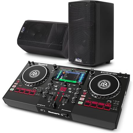 Numark Mixstream Pro+ DJ Controller and ALTO TX408 Powered PA Speakers Pair for Live Music, DJ sets, Events, Music production