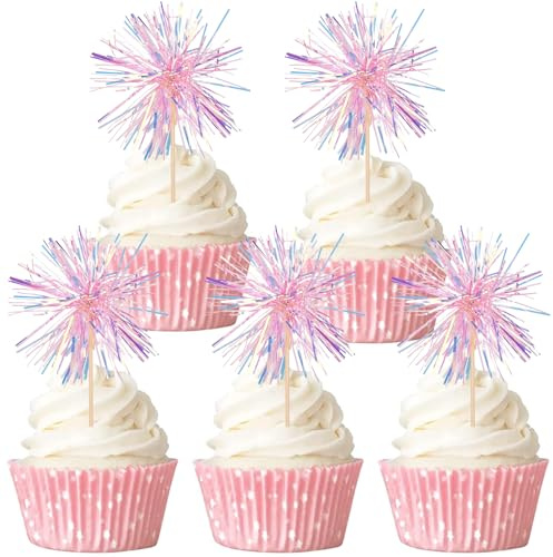 Gleevio 40 Stück Happy Birthday Tortendeko Rosa,Feuerwerk Cupcake Topper