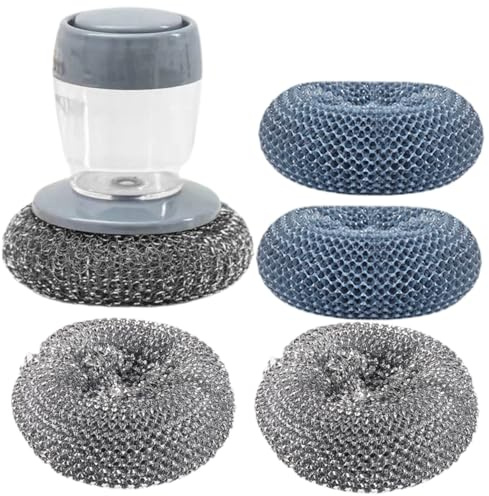 Angoily Liquid Dispensing Kitchen Dish Scrub Brush Set 2 Pet Scrubbing Balls and 2 Steel Wire Scrubbers, Press-to-Release Dishwashing Brush for Pots, Pans and Sink Cleaning