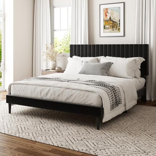 viplov Bett 160 x 200 cm Doppelbett, Polsterbett mit Kopfteil, höhenverstellbarem Kopfteil Bettrahmen mit Lattenrost, geeignet für Schlafzimmer, schwarz
