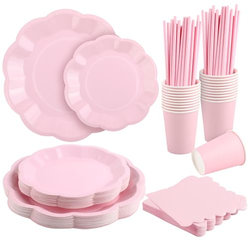 Vivantia 150 Pieces Pink Party Tableware Set for 30 Guests, Disposable Pink Party Supplies Include Scalloped 7/9 Inch Paper Plates Napkins Cups Straws for Baby Shower Wedding Birthday