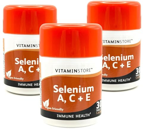Vitamin Store Selenium A C E Tablets, GMP Certified Antioxidant Supplement, Vitamins A, C, E and Selenium for Immune Support and Cell Protection, 30 Tablets per Pack, Pack of 3