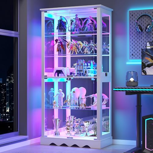 FREDEES Glass Display Cabinet with Lock and RGB Lights, 5-Tier, White | Curio Display Case with Glass Doors, with Adjustable Shelf and Human Sensor Design, For Collectibles/ Toys/ Books