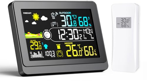 Uzoli E0622 Stazione meteo wireless con sensore esterno, orologio DCF | Temperatura Umidità interna/esterna • Display a colori • Previsioni meteo • Barometro • Allarme gelo • Fase lunare • Sveglia