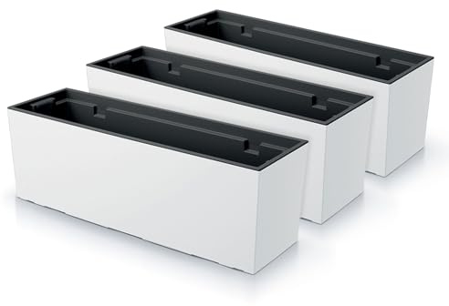 IMJ-Global - 3 Jardineras Exterior Grandes 58x18x19,5cm, Macetas Exterior Grandes 18 litros (Inserto de 12 litros) Jardinera Decorativas para Interior en Plástico Resistente a la Intemperie (Blanco)