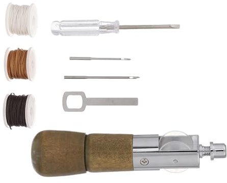 HEALSOPTHY Kit Punteruolo da Cucito in Pelle con Filo Cerato e Aghi di Ricambio, Strumento Manuale con Impugnatura in Legno per Riparazione Scarpe e Pelletteria Fai da Te