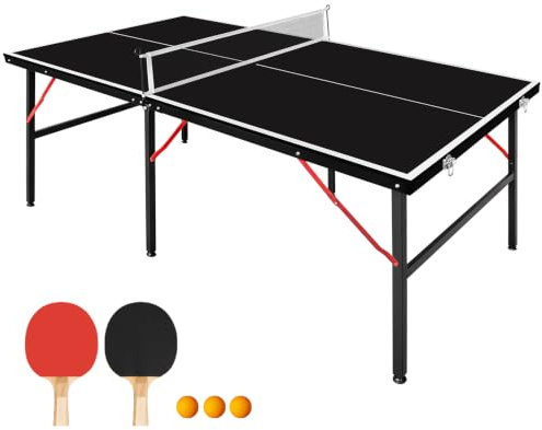 GYMFLEX Mesa de ping pong plegable y portátil, de 182 x 91 cm, para juegos de interior y exterior con red, 2 raquetas de ping pong y 3 pelotas, con tablero negro y patas de mesa negras