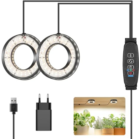 LED Pflanzenlampe Decke 9 cm, 2 Köpfe Schwarz Engel Ring Wachstumslampe, Vollspektrum Pflanzenlicht mit 6/12/16H Timer, 10 Dimmstufen & 3 Lichtmodi, für Zimmerpflanzen Sukkulenten Hydrokultur