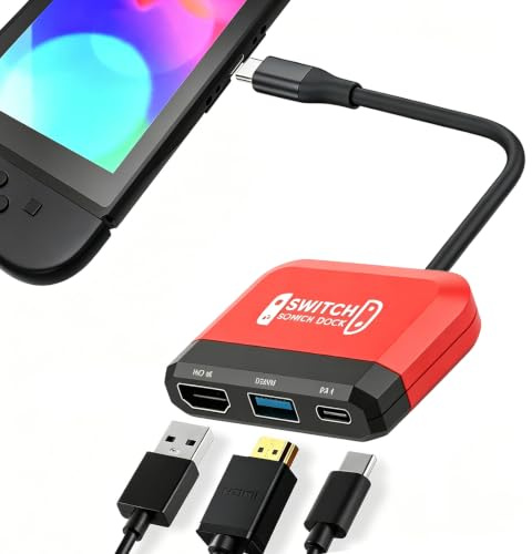 Switch2 Dock Replacement für Nintendo Switch1/2 Dock, 3 in 1 Tragbarer Switch TV Adapter mit 4K/30Hz HDMI/USB 3.0/PD 100W, Portable Travel Switch Docking Station for Nintendo 2 (Rot)