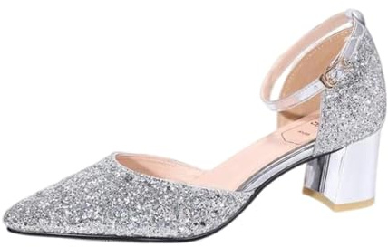 Genérico Zapatos Novia Lentejuelas Sandalias Tacón Ancho Metalizado Fiesta | Sandalias De Tacón Ancho Con Correa Al Tobillo Punta Fina Zapatos Elegantes De Novia Con Brillo Para Bodas