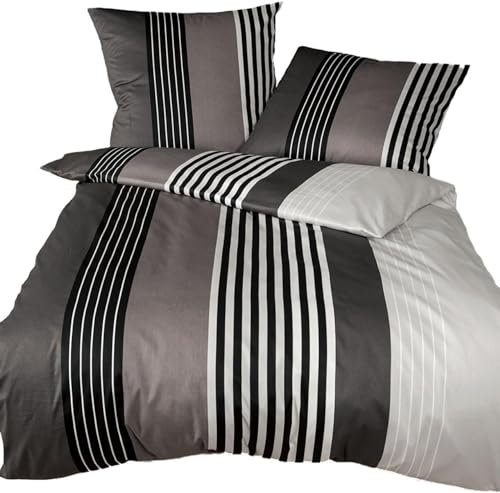 Janine Mako Satin Bettwäsche J.D. 155x220 cm + 80x80 cm schwarz-Taupe aus naturreiner gekämmter Mako Baumwolle