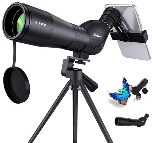 HUICOCY Tubkikare, 20–60 x 60 mm zoom 39–19 m/1000 m med FMC-lins, BAK4 45 graders vinklat okular, dimsäkert sikte med stativ, telefonadapter, bärväska för fågelskådning