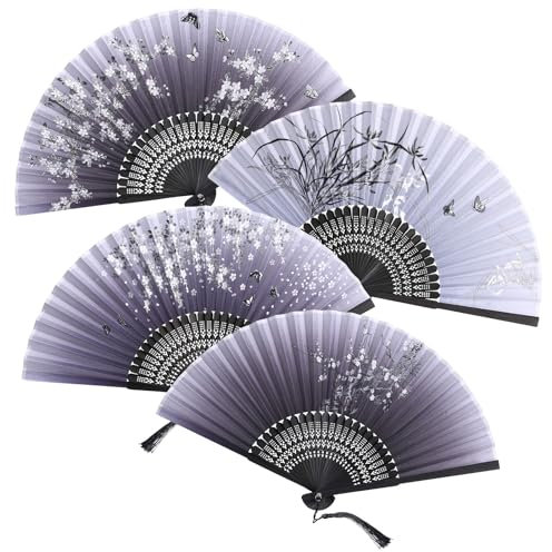 GWHOLE 4 Stück Handfächer Fächer Schwarz aus Naturfaser mit Hülle für Hochzeit Tanz Party Gäste